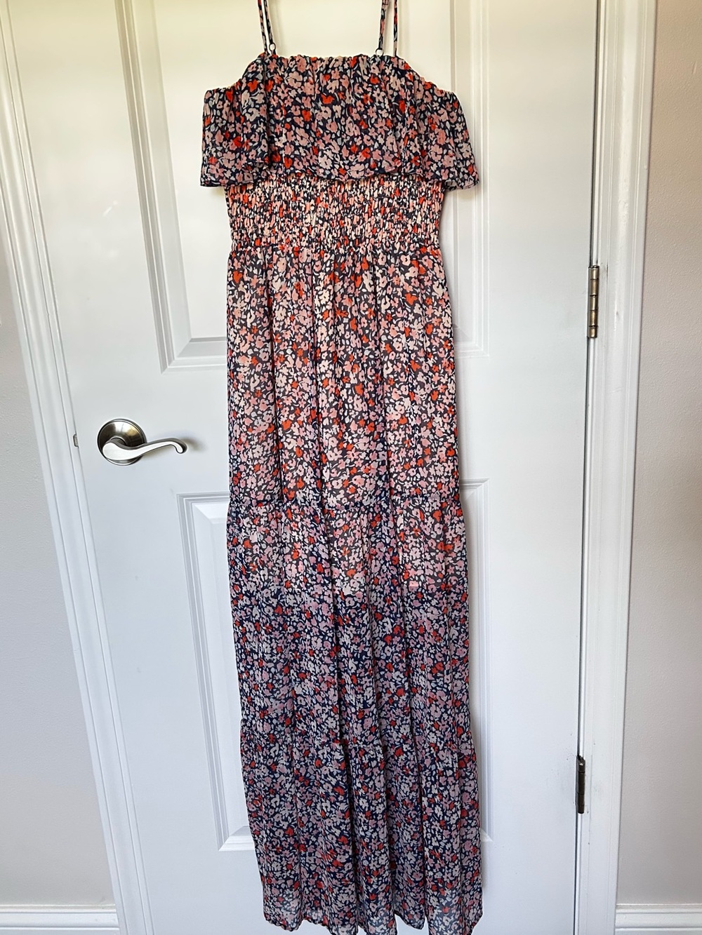 BCBGeneration Navy & Coral Floral Smocked Maxi Jumpsuit
